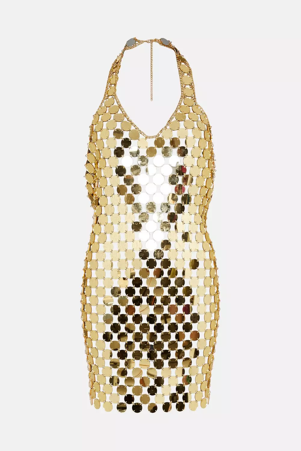 KAREN MILLEN ミニドレス スパンコール ホルターネック ゴールド Mirrored Disc Chain Halter Mini Dress | Karen Millen